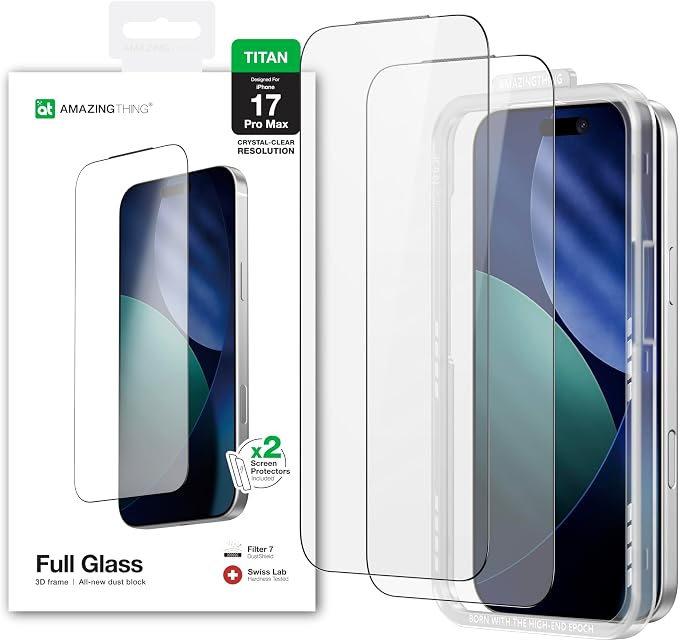 AMAZINGthing for iPhone 17 Pro Max [Titan Filter 7 - Full Glass] Screen Protector, Ultra Clear, 9H Tempered Glass, Full Coverage, Case‑Friendly, Oleophobic, Alignement Frame, 2 Pack