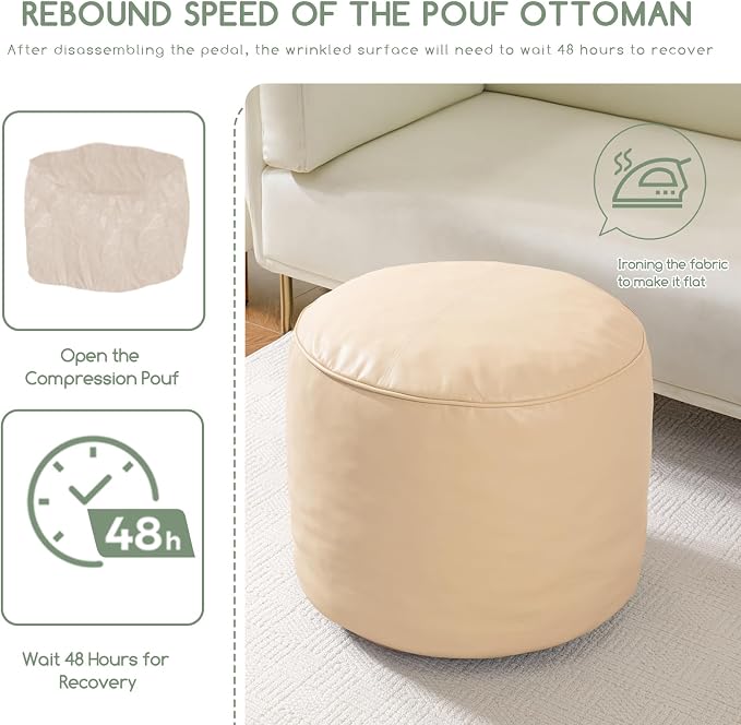 HIGOGOGO Round Stuffed Pouf Ottoman, Pu Leather Poufs with Foam Chunk Filling, Furry and Fluffy Pouf Foot Stool Storage Ottoman, 20 X 15 Floor Poufs Foot Rest for Living Room, Beige