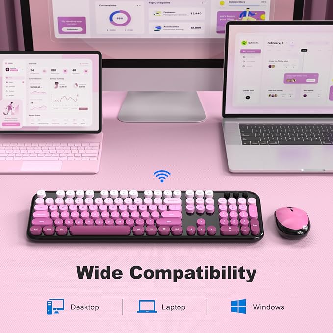MOFII Wireless Keyboard and Mouse Combo, 2.4GHz Retro Typewriter Keyboard Full Size, Quiet Click Mouse, USB Receiver Plug and Play, for PC, Laptop, Desktop, Windows (Black Pink Gradient)