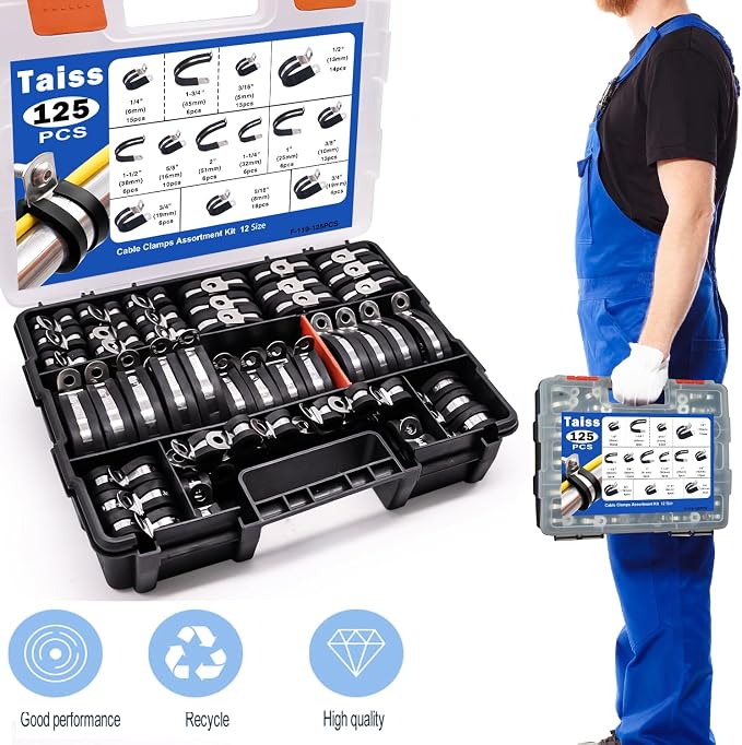 Taiss 125PCS Cable Clamps Assortment Kit 12 Sizes 3/16" 1/4" 5/16" 3/8" 1/2" 5/8" 3/4" 1" 1-1/4" 1-1/2" 1-3/4" 2" Wire Clamps,304 Stainless Steel Rubber Cushion Pipe Clamps,With Portable Handheld Box