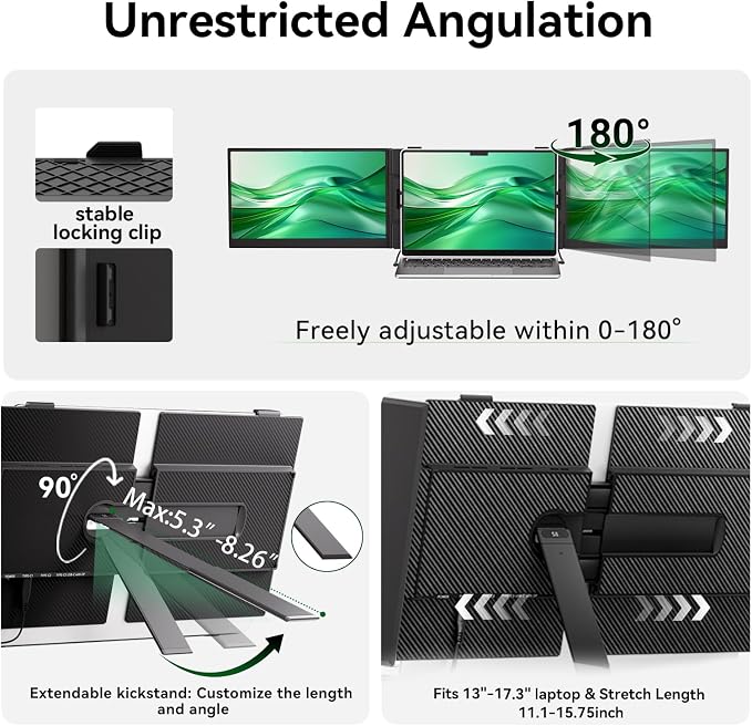 14" Triple Laptop Screen Extender, Ultra-Thin Lightweight FHD 1080P IPS Portable Monitor, Extended Dual Screen for Laptops 13-17.3" Compatible with Wins Mac Chrome Dex Phone Travel Work