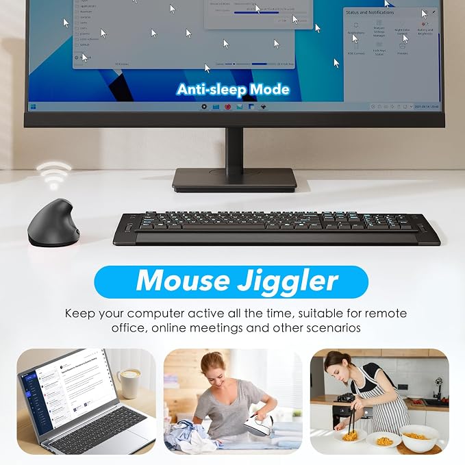 Left Handed Ergonomic Mouse Jiggler,Vertical Wireless & Rechargeable,2.4G USB Carpal Tunnel Lefty Mice with Undetectable Random Movement Keeps PC Laptop Awake-Black