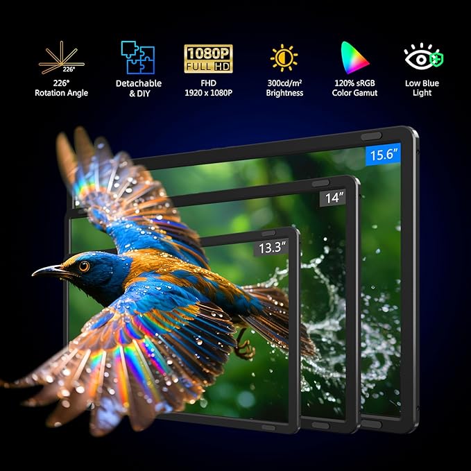 15.6" Laptop Screen Extender, FHD 1080P IPS Portable Triple Monitor for Laptops 13.3"-17.3", USB-C/HDMI Plug & Play, 120% sRGB Low Blue Light Detachable Monitor Extender for Windows/MacOS