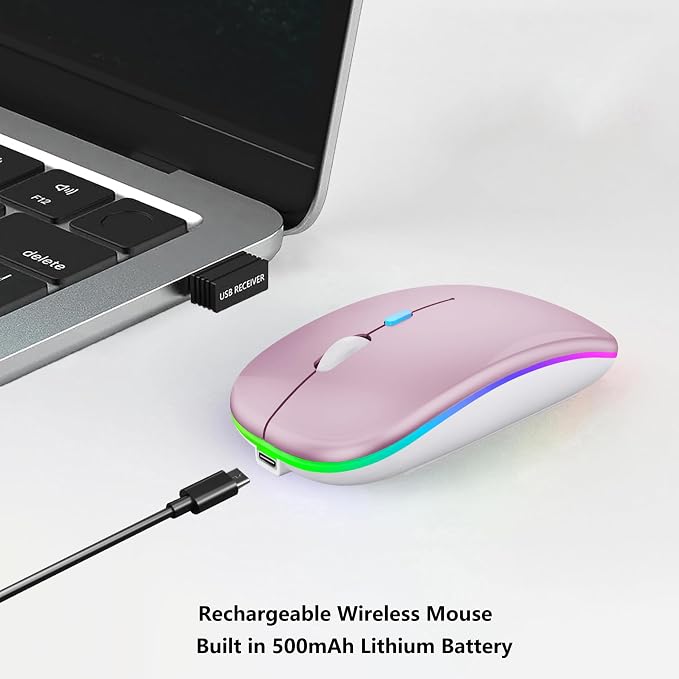 WREANU Wireless Bluetooth Mouse Rechargeable Laptop Mice with LED Lights Silent Slim Use(BT5.2 and 2.4G Portable USB Receiver) Dual Mode Computer Mouse for Laptop/iPad/Tablet/Apple/Computer/Mac(Pink)