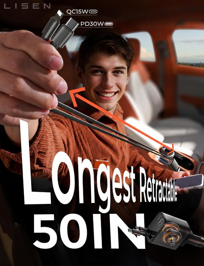 LISEN Retractable Car Charger, [2026 Upgrade 47.24 inch ] Long 4 in 1 Retractable Cable Car Charger, USB C Car Charger Fast Charging for iPhone 17 16 15 14 13 12 11 X Pro Max Plus Mini, Samsung S26