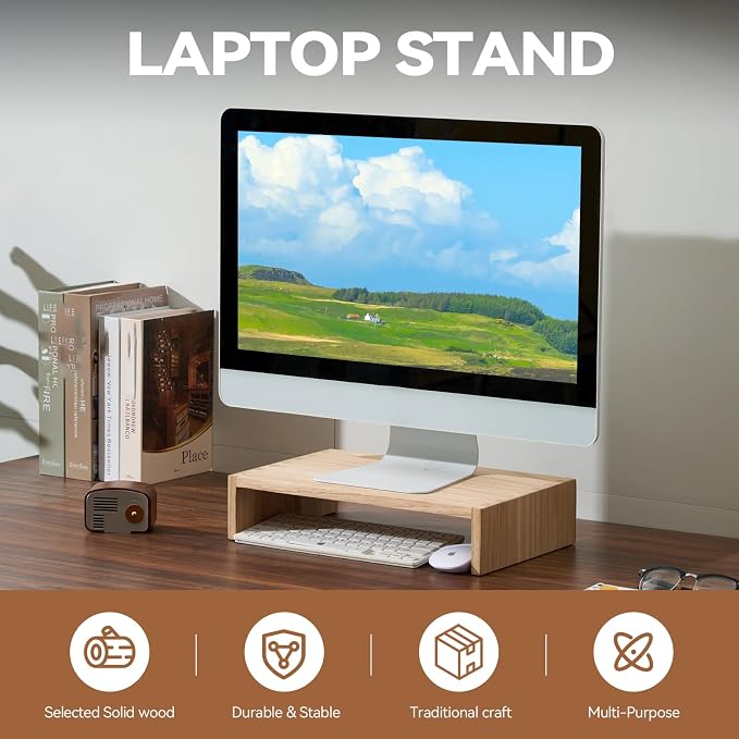 KIRIGEN Monitor Stand Wooden -Desk Stand Wood for Computer/Laptop/TV Printer - Monitor Arms & Stands Desk Riser for Office Organizers - Desktop Workspace Platforms Stands (39,Natural)