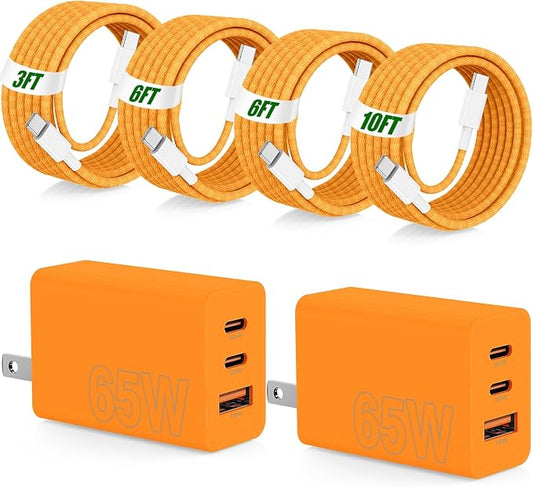 65W Super Fast Charging USB C for iPhone 17 16 Pro Max,3 Port 100W USB C Charger Block & 3/6/6/10FT Braided Type C Cord for iPhone 17 16 Pro,iPhone 15 ProMax,for Samsung S26 Ultra/MacBook Air-Orange