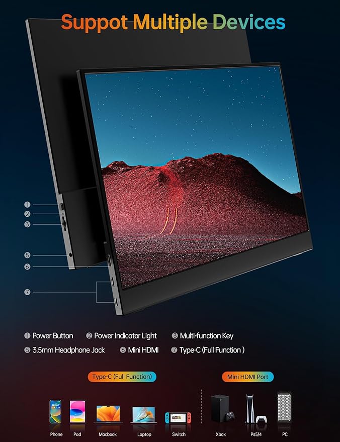 VILVA Portable-Monitor-for-Lapto - 15.6'' 1080P FHD IPS Display USB-C HDMI Portable Monitor for Laptop with Cover and Speakers External Monitor for Laptop/PC/Mac/Phone/Xbox Switch/PS4/