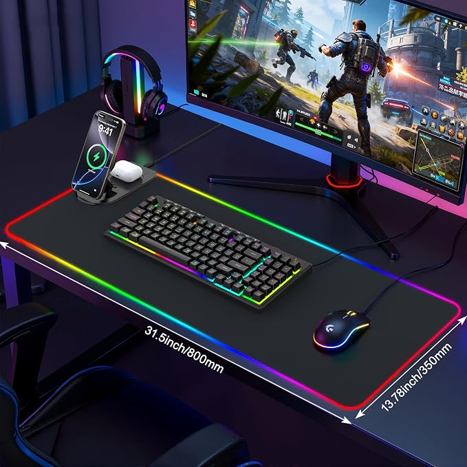 RGB Gaming Mouse Pad Wireless Charging Desk Mat with Foldable Phone Stand, Large LED Gaming Mat 800x350x4mm, 15 Light Modes, Waterproof, Keyboard Pad for PC Computer, Includes 20W PD Power Adapter