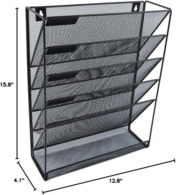 EASEPRES Hanging File Holder Organizer, 6 Tier Mesh Metal Wall Mount Document Letter Tray Organizer for Office Home, Black