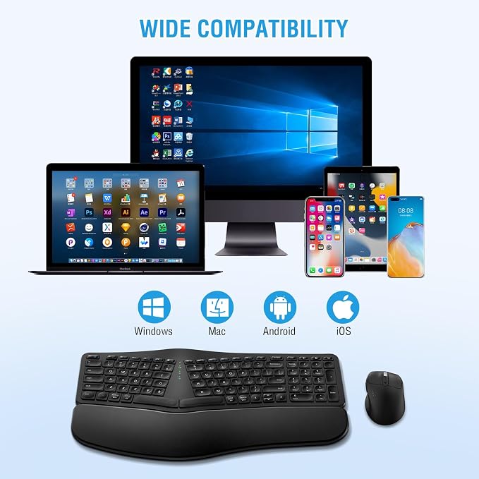 Ergonomic Wireless Keyboard Mouse Combo, EDJO Bluetooth/2.4G Dual Channel, Split Design, Soft Foam Palm Rest, 4 Level DPI Adjustable Wireless Mouse, Rechargeable, for Windows/Mac/Android（Black）