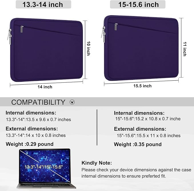 15.6 inch Laptop Sleeve, Durable Carrying Bag Protective Case Briefcase Handbag with Front Pocket, Slim Computer Cover for 15-16 Inch HP, Dell, Lenovo, Asus, Notebook, Purple