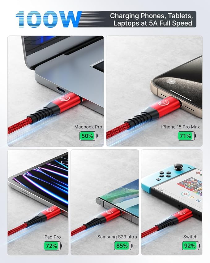 USB C to USB C 100W [6ft/2 Pack] USBC to USBC Cable Charger 5A C to C Fast Charging Cord 5A for MacBook Pro/Air, iPhone 16/15 Pro Max Plus,iPad Pro,Samsung Galaxy S24 Ultra S23,Pixel,PS5,Switch