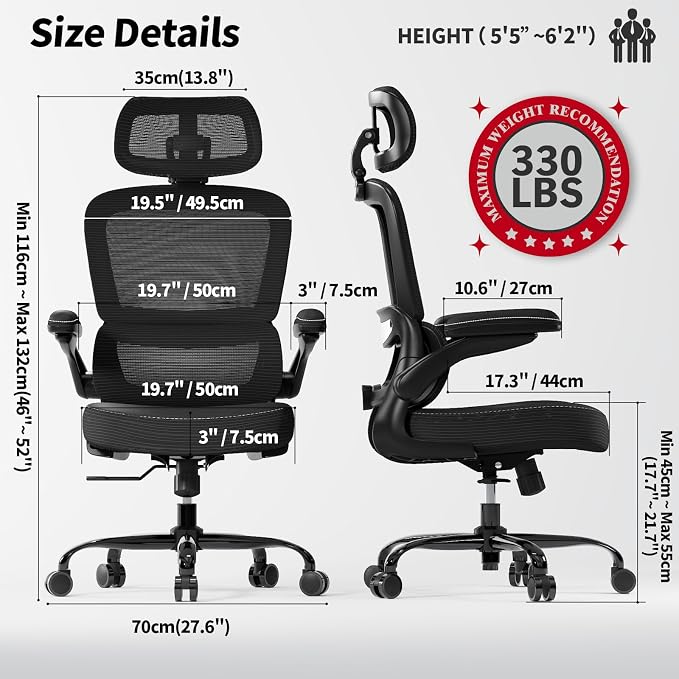 TRALT Ergonomic Office Chair - Desk Chair with Adjustable Headrest Lumbar Support Computer Chair - Mesh Comfy Chair with Flip-up Armrests - Gaming Chair for Adults Home Office PU, Black, Pack of 6