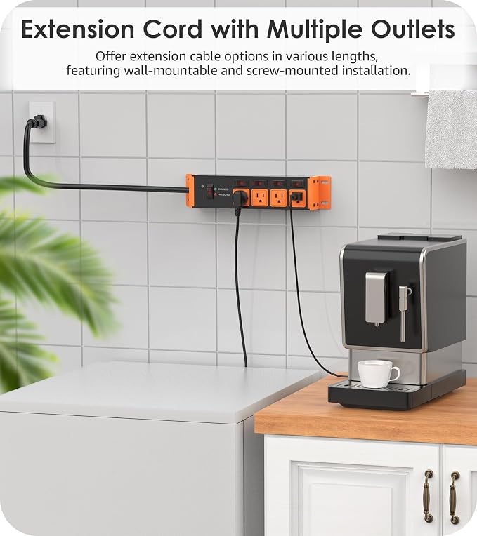 CCCEI Heavy Duty Surge Protector Power Strip 20 Amp Individual Switches. 15FT 12 Gauge Extension Cord with Multiple Outlets. Kitchen, Garage, Shop, Industrial Wall Mount Electric Extender, Orange.