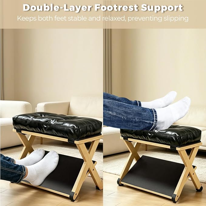 Foot Rest Under Desk, Wooden Double Step Foot Stool with Cushioned Top and Non-Slip Surface, Ergonomic Under Desk Footrest for Office, Home, Gaming and Work