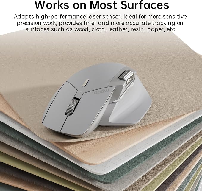 Rapoo MT760 Multi-Device Wireless Mouse, Bluetooth 5.0 and 2.4G Multi-Mode Connection, Up to 4 Devices, 11 Programmable Buttons, 4K DPI, 90 Days Battery Life, PC, Light Grey