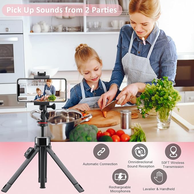 MAYBESTA Mini Wireless Lavalier Microphone for iPhone, iPad, Android - Bluetooth Lapel Phone Microphones for YouTube Video Recording - Clip on Lav Mic for Interview Podcast Vlog(Pink)