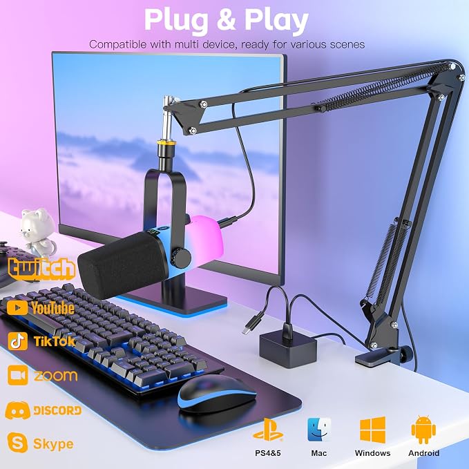ZealSound USB Gaming Microphone,PC Microphone for Phone Tablet with RGB for Streaming Podcast Vocal Recording ASMR, Computer Mic with Noise Cancellation,Mute Button,Gain Knob,Desktop Arm Boom Stand