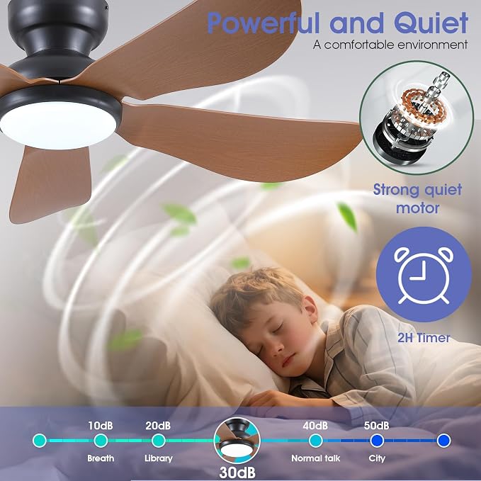 Kviflon 46 Inch Modern Ceiling Fans with Lights, Flush Mount Ceiling Fan, Remote/APP Control, 5 Reversible Curved Blades, 6 Speeds, 3 CCT Dimmable LED Lights for Bedroom Kids Room, Brown