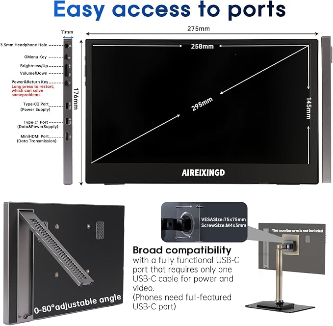 Portable Monitor 11.6inch 1366 * 768P HD，Weighs 450g Built-in Stand，Small Monitor Compatible Type-C/Mini HDMI Ports，External Monitor Compatible with Laptop, PC, Mac, Phone.Travel Monitor.