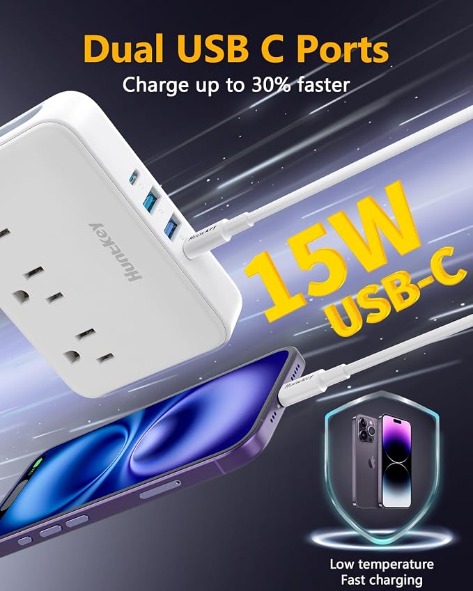 Innovative Power Strip, Cord Removable Design (4FT), Huntkey 3 Outlets Non Surge for Cruise, Travel Power Strip with 4 USB Ports (2 USB-C, 2 USB-A), ETL Listed