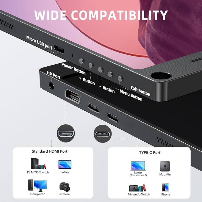 UPERFECT Portable Monitor, 15.6" IPS HDR 1920X1080 FHD Eye Care Travel Screen USB C Gaming Monitor, Dual Speaker External Monitor HDMI Type-C VESA for Laptop PC Phone w/Case