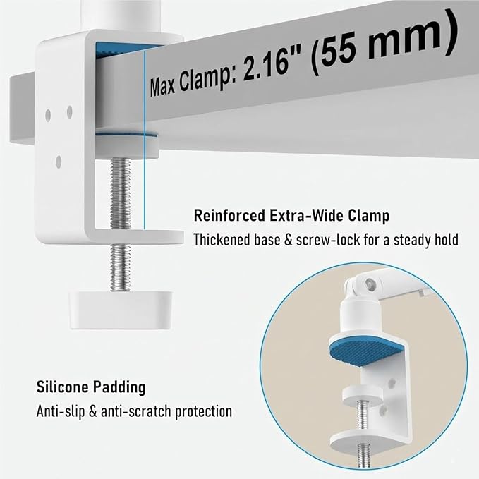 Portable Monitor Stand 15.6", Heavy Duty Tablet Arm Mount with Desk Clamp, Sag-Free Adjustable iPad Holder for Bed, 360° Foldable Arm Fits 4.7"-18.5" iPad Pro/Air/Mini, 2.2lbs Capacity, White