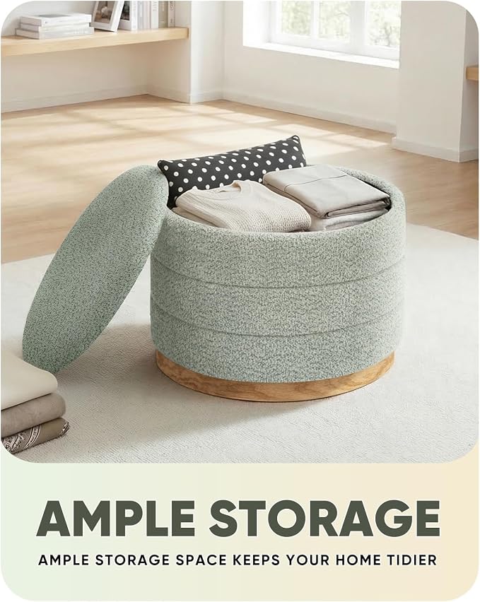 B FSOBEIIALEO Round Storage Ottoman with Tray, Folding Ottoman with Storage Coffee Table Foot Rest for Dorm Room Living Room Chenille Fabric,Sage Green,22.83"x22.83"x17.33"