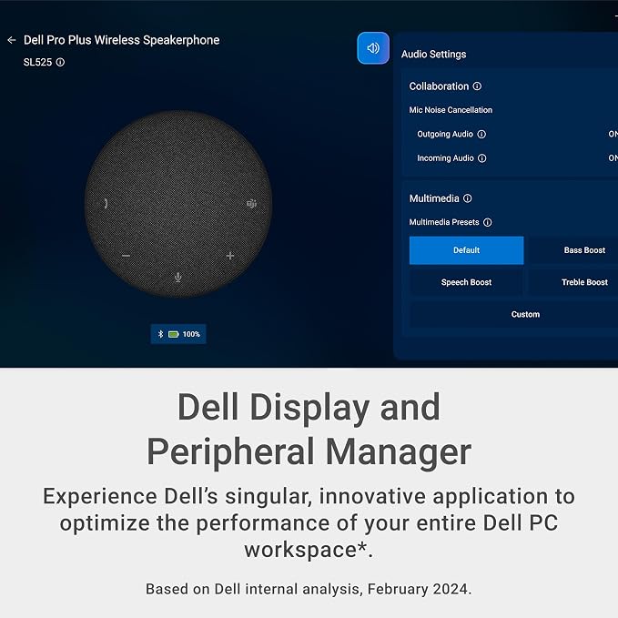 Dell Pro Plus Wireless Speakerphone - SL525 - USB-C, Zoom/Microsoft Teams Certified, Wired/Wireless, Bluetooth 5.3, Omni-Directional, AI-Based Noise Cancellation