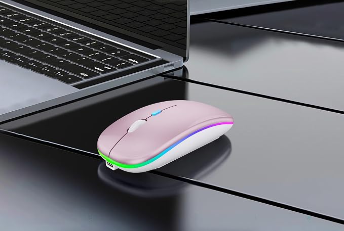 WREANU Wireless Bluetooth Mouse Rechargeable Laptop Mice with LED Lights Silent Slim Use(BT5.2 and 2.4G Portable USB Receiver) Dual Mode Computer Mouse for Laptop/iPad/Tablet/Apple/Computer/Mac(Pink)