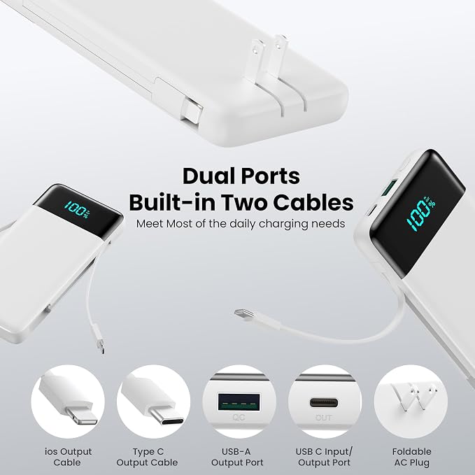 Portable Charger with Built-in AC Plug and Cables,13800mAh All in One USB C Fast Charging Power Bank,Travel Essentials Portable Phone Charger Battery Pack for iPhone 17/16/15/14,Galaxy,Android-White