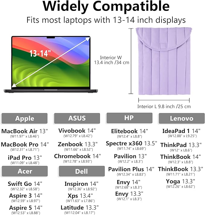 Puffy Laptop Sleeve Set 13-14 Inch Purple, Protective Carrying Case with Data Cable Bag, Cute Case Bag Compatible with 13 and 14 Inch Laptops, for MacBook Air M2 M1, Asus/Dell Xps/Lenovo
