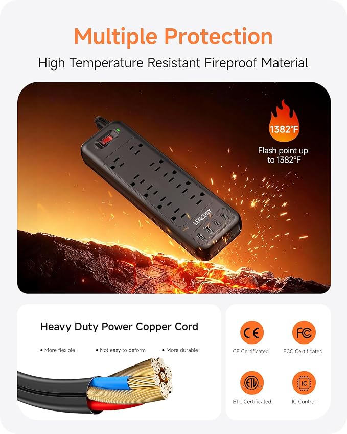 LENCENT 2 Prong Surge Protector Power Strip 1700J, Flat Plug 2 Prong to 3 Prong Outlet Adapter, 10 AC Outlets and 4 USB Ports, 6 Feet Extension Cord for Non-Grounded Outlets, Black, ETL Listed