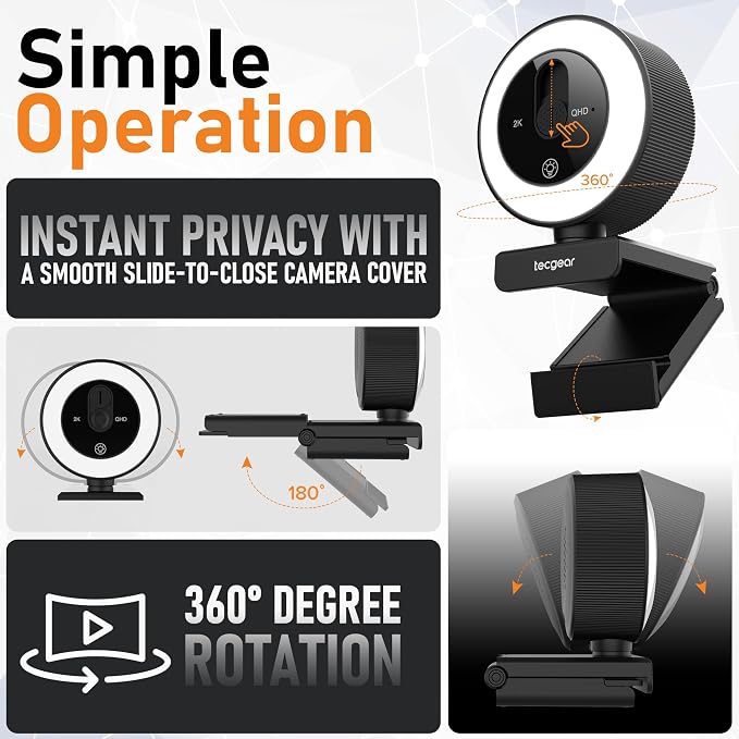 Sentinel GLO 2K Webcam with Light, Microphone, Touch Control, Autofocus, Privacy Shutter & 360° Adjustable | Camera for Computer, Laptop & Mac | USB Video Streaming for Zoom/Skype/Google Meet