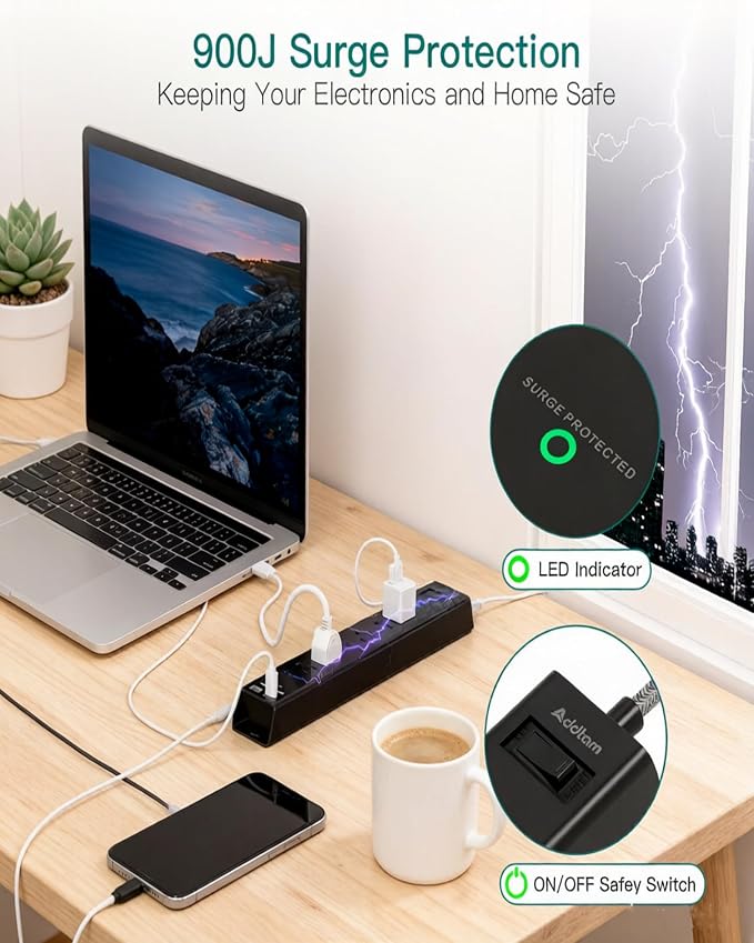 Addtam 2 FT Power Strip Surge Protector with USB C, Flat Plug Extension Cord, 6 AC Outlets 4 USB Ports (2 USB C), 1875W/15A Multi Plug Outlet Extender for Home Office Dorm Room Essentials