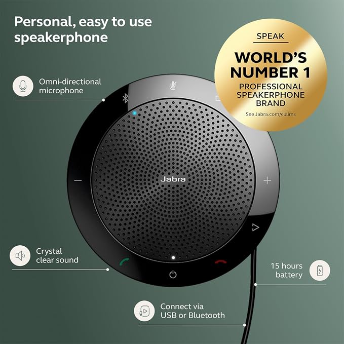 Jabra Speak 510 (2025 Edition) Portable, USB or Wireless Bluetooth Speaker Meetings and Calls with Crystal-Clear Sound, Works with Microsoft Teams, Black
