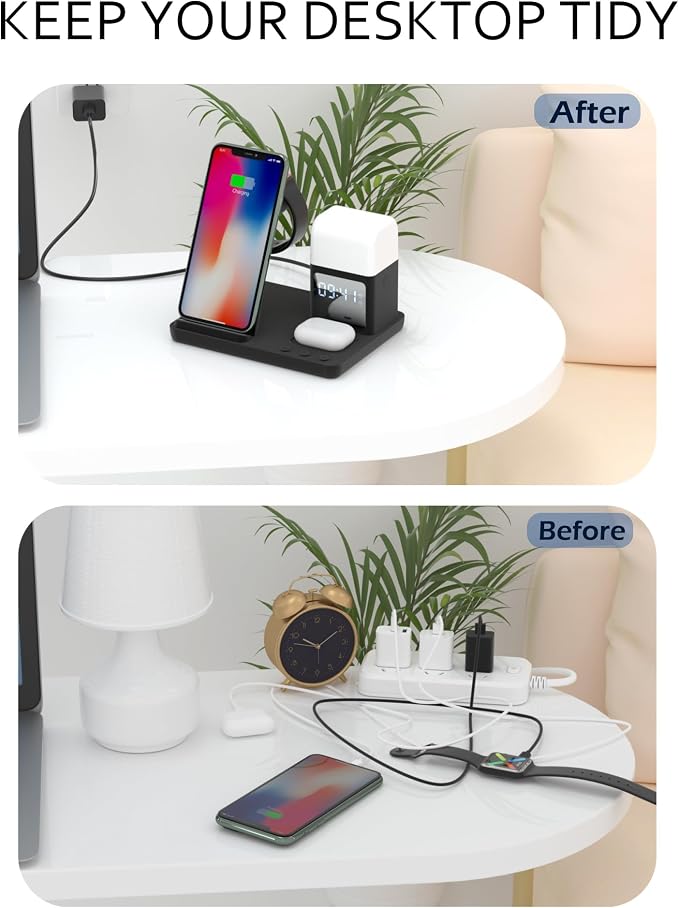 Wireless Charger for iPhone, 6in1 Fast Phone Charger Stand Dock Alarm Clock Night Light, Wireless Charging Station for Apple Watch, for Airpods 3/2/Pro, for iPhone 17/1615/14/13/12/11/Pro/Max (Black)