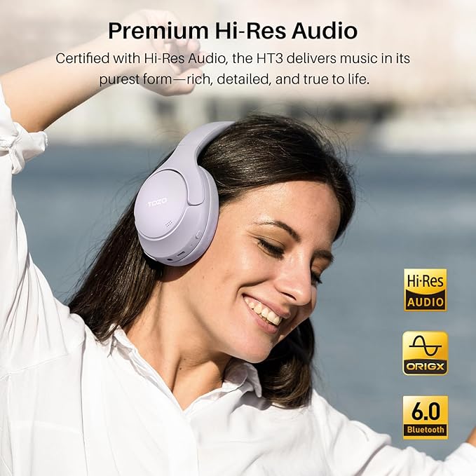 TOZO HT3 Hybrid Noise Cancelling Headphones, 90H Battery Life Wireless Over Ear Bluetooth 6.0 Foldable Headset, AI Voice Assistant with 5 Mics, Connect 2 Devices & Hi-Res Sound, 32 Audio EQ, with Case