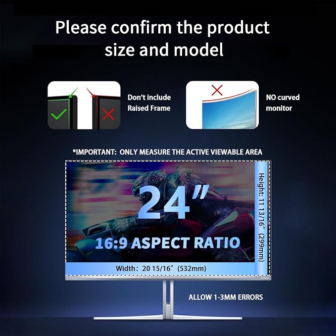 [2 Pack] 24 Inch Magnetic Hanging Computer Privacy Screen for 16:9 Widescreen Monitor, Eye Protection Anti Glare Blue Light Filter, Removable Reusable 24in Anti Spy Security Protector Film