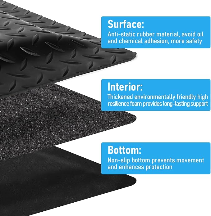 2'x6' Anti Fatigue Mat Industrial 15/16" Thick Soft Sponge Cushioned Floor Mat, Heavy Duty Diamond Plate Anti-Skid Standing Mat, Work Shop Mat (Black)