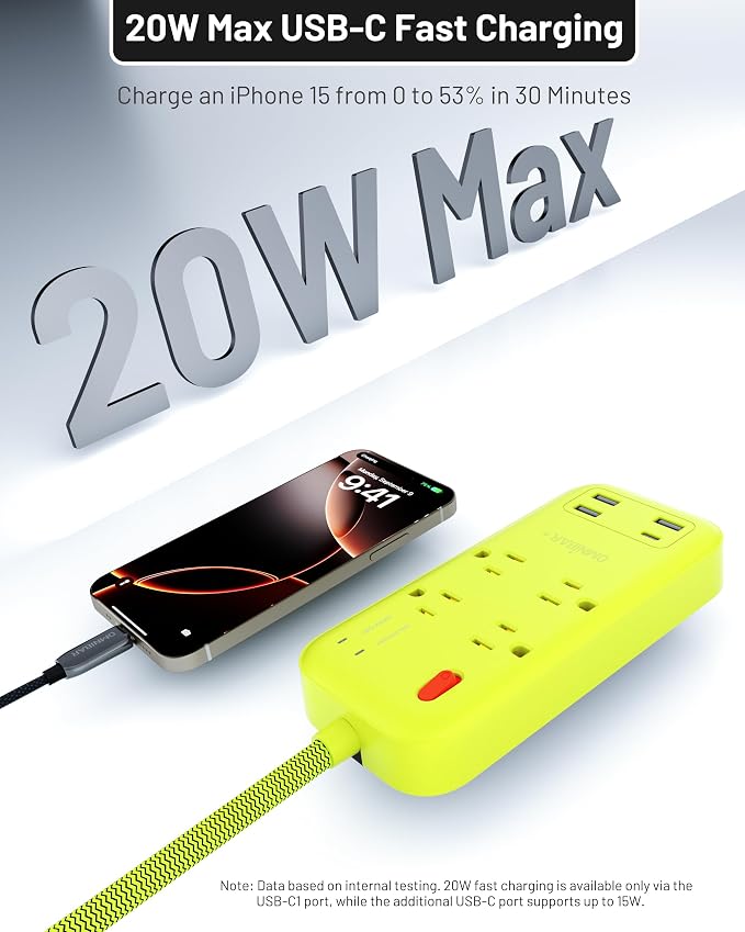 USB Surge Bar 4 Power Strip - 4 Outlets 4 USB Ports(1 USB C), Multi Plug Outlet Extender with 6Ft Braided Extension Cord, 1800 J, Wall Mount, Flat Plug, Desk Charging Station for Office Home
