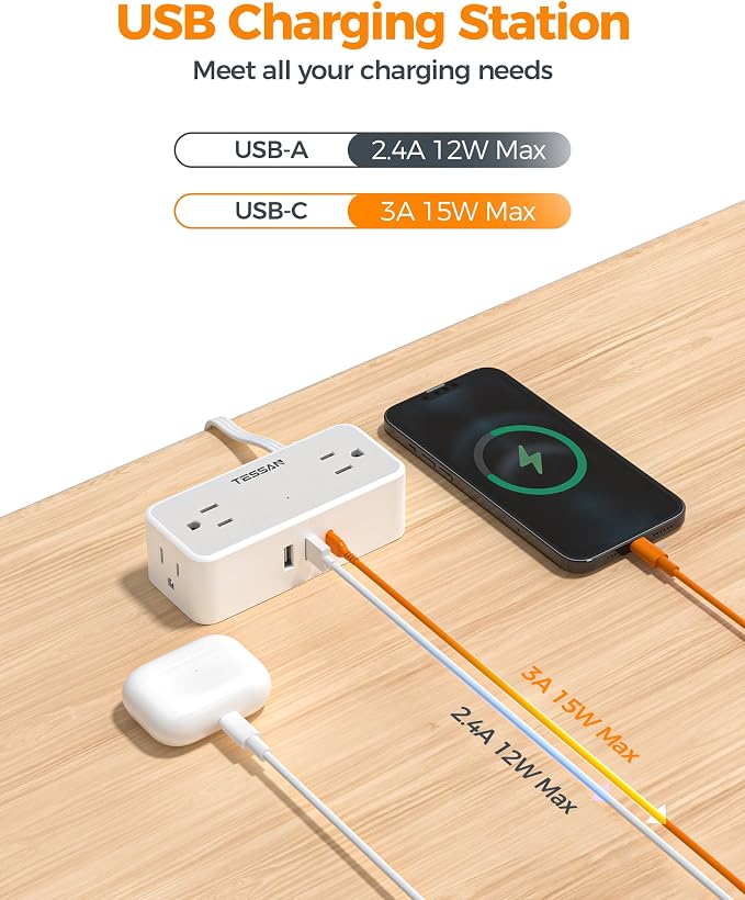 TESSAN Flat Plug Extension Cord 10 FT, Surge Protector Power Strip with 4 AC Outlets 1 USB C and 2 USB A Ports, 900 Joules Protection, Multiple Wall Outlet Extender Suitable for Office Dorm, Grey