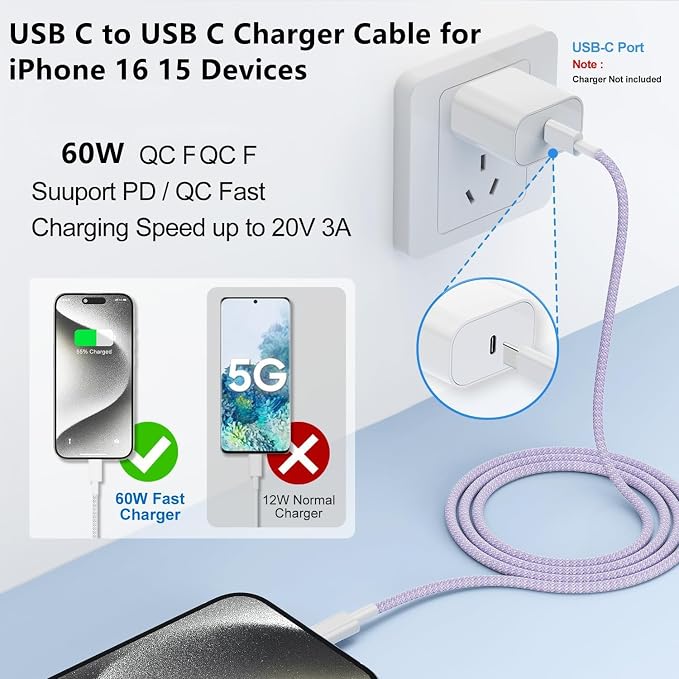 USB C to C Charger Cable 10ft, 60W Type C to C Fast Charging Cable Cord Long for Apple iPhone 17 Pro Max/17 Air/16 Pro Max/16 Pro/15 Plus/15 Pro Max/MacBook 2021/2020/2019,iPad Pro/Mini/Samsung Galaxy