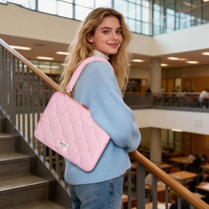 Cute Bow Laptop Case Coquette 13-15 Inch Puffy Laptop Sleeve Accessories Aesthetic Quilted Computer Bag for MacBook (Pink, 13-14inch)