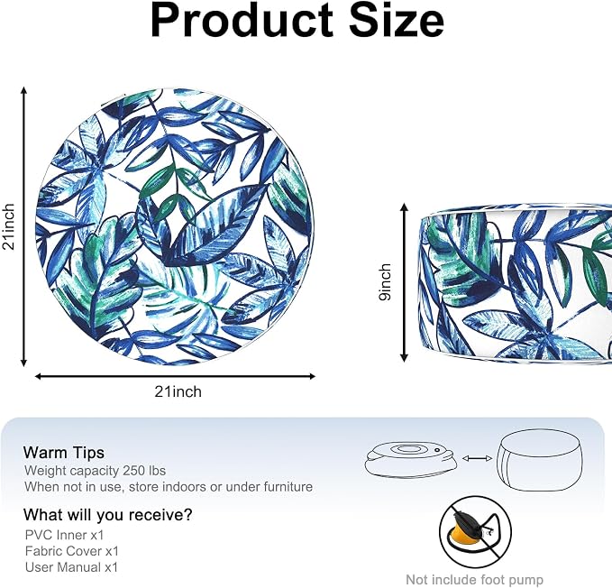 DYTXIII Inflatable Ottoman Stool D21 xH9 for Outdoor/Indoor Use, Water Repellent Patio Foot Rest Stool with Portable Handle,Round Pouf Ottoman Suitable for Garden,Deck and Camping - Leaves Ink Blue