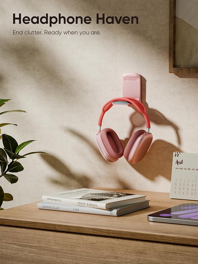 MAMUVIMO Headphone Stand, Headset Stand Foldable ＆ Sticky, Headphone Holder Hook Mount with Non-Slip Silicone, Adhesive Earphone Desk Hanger Clip Space-Saving for Airpods Max, All Earphones- Pink