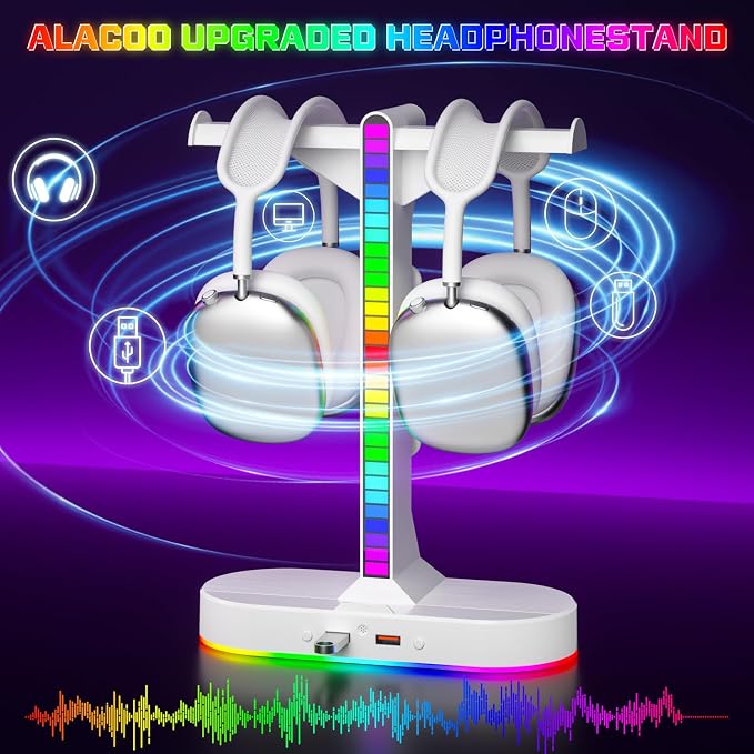 Cool RGB Headphone Stand with Charging Station - Sleek Dual Headset Holder, 3 USB Ports & 3.5mm Audio, 8 Light Modes | Ultimate Gaming Gift for Men, Boyfriend, Teen Boys - Modern White Design