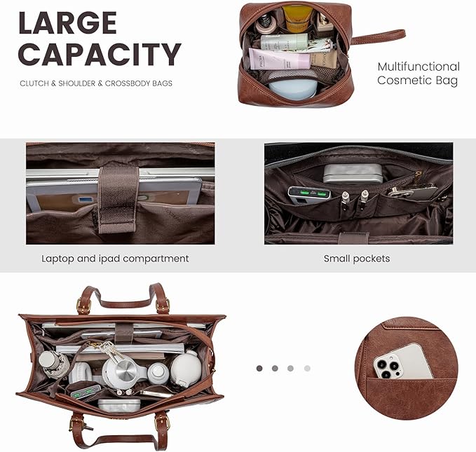 LOVEVOOK Laptop Tote Bag for Women,15.6 Inch Vintage Work Bag with Clutch,Large Leather Laptop Purse with Cup Holder for Teacher,Office