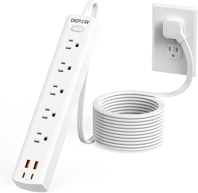 DEPOW Power Strip Surge Protector with 5 AC Outlets(1625W/13A) 4 USB Ports (2 USB C), Ultra Thin Extension Cord, Low Profile Flat Plug, 1700 Joules, Wall Mount for Home Office, White，10 Ft
